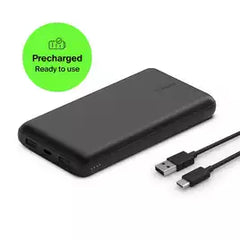 Belkin 20000mAh Portable Power Bank, Precharged, 15W with USB C Cable – Black