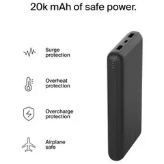 Belkin 20000mAh Portable Power Bank, Precharged, 15W with USB C Cable – Black