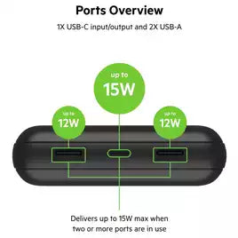 Belkin 20000mAh Portable Power Bank, Precharged, 15W with USB C Cable – Black