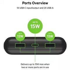 Belkin 20000mAh Portable Power Bank, Precharged, 15W with USB C Cable – Black