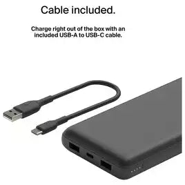 Belkin 20000mAh Portable Power Bank, Precharged, 15W with USB C Cable – Black